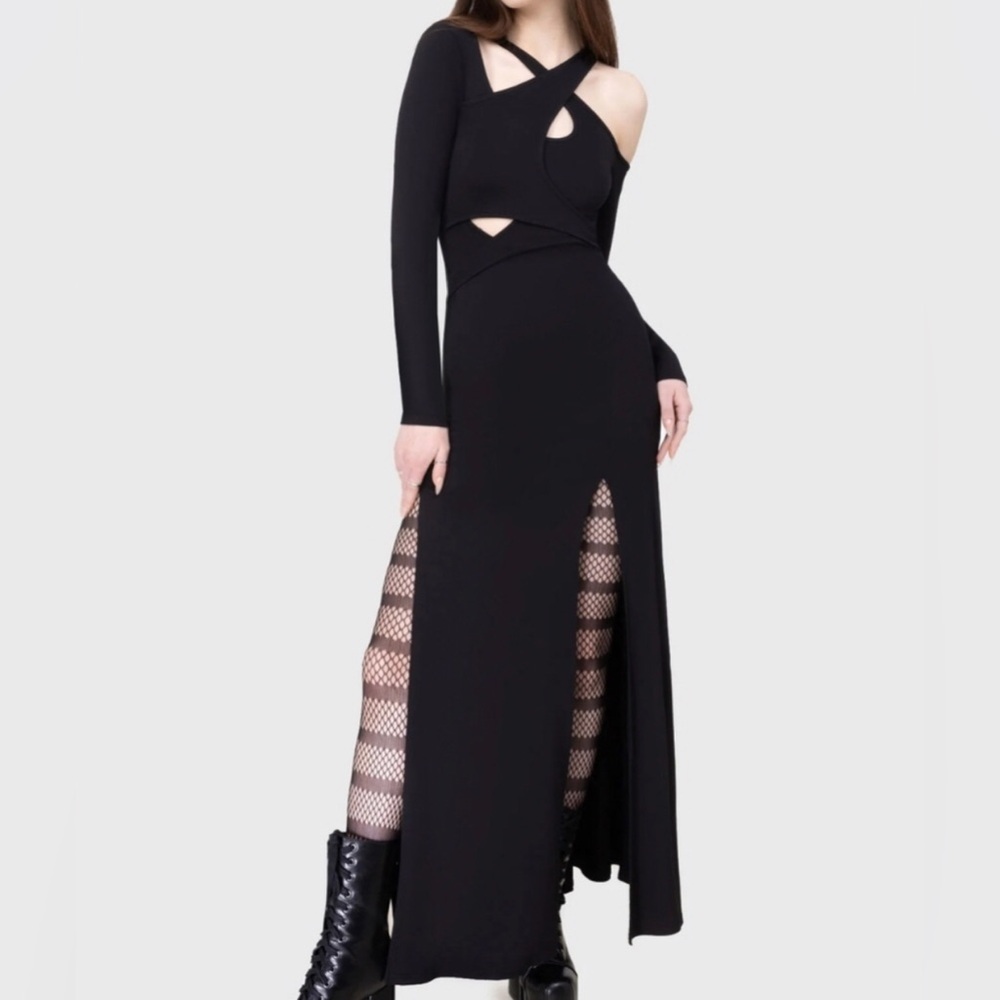 Killstar Uprising Dress Size L Cutout Asymmetric Jersey Maxi High Slits
